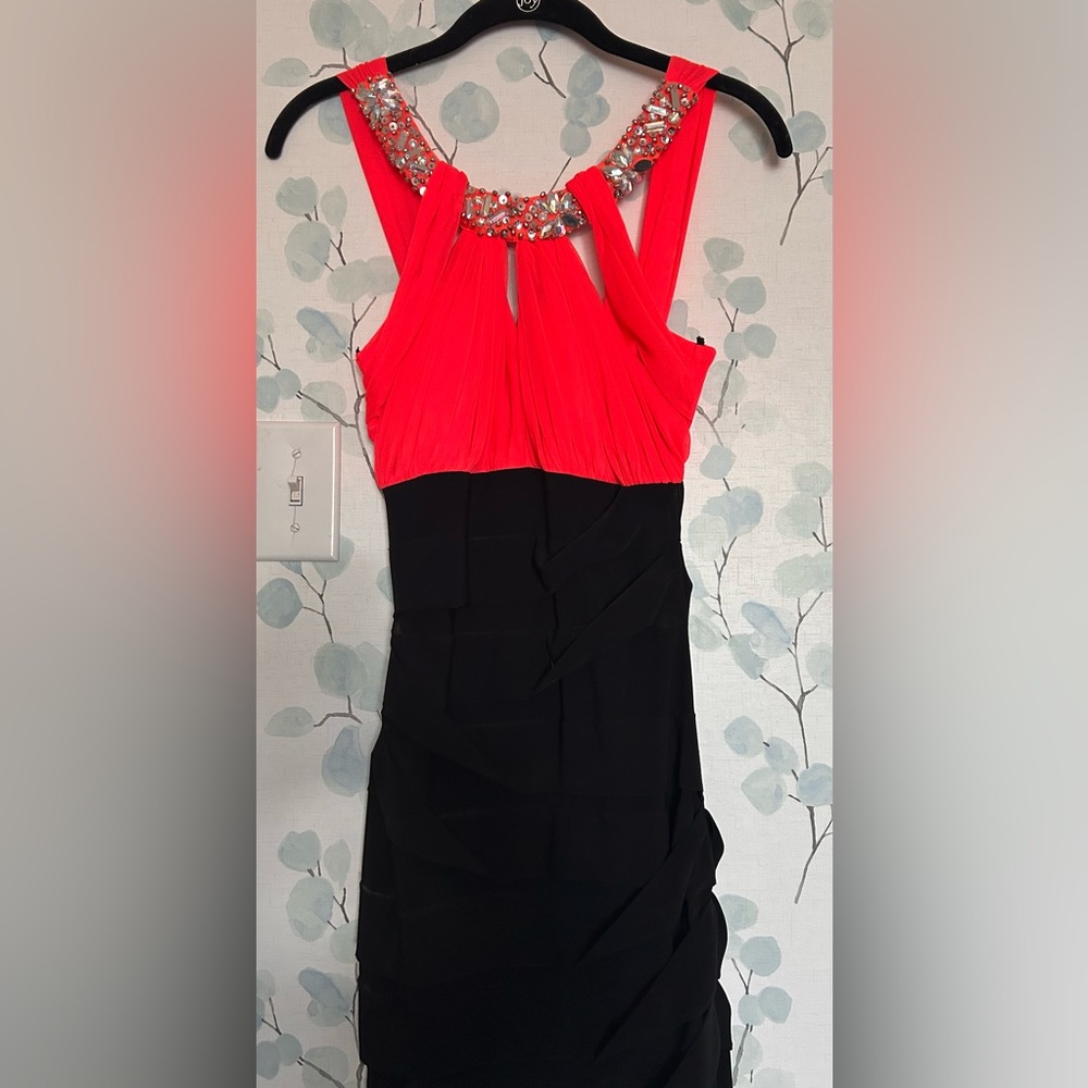 Pink/black mini dress with rhinestone neckline